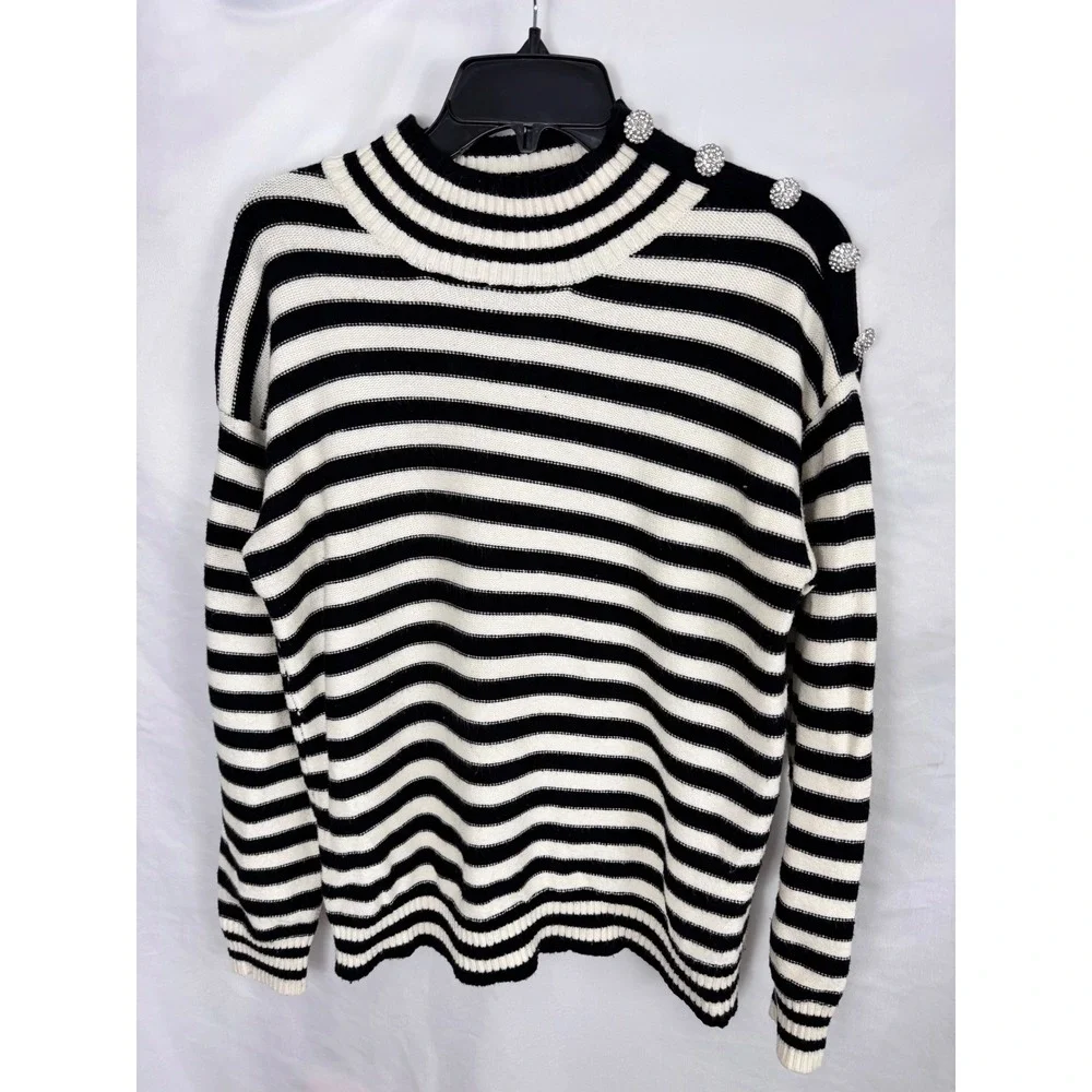Aqua Striped Mock Neck Sweater Rhinestone‎ Button Detail Long Sleeve L